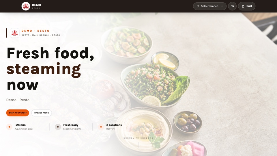 Modern Service restaurant storefront shown on a desktop browser